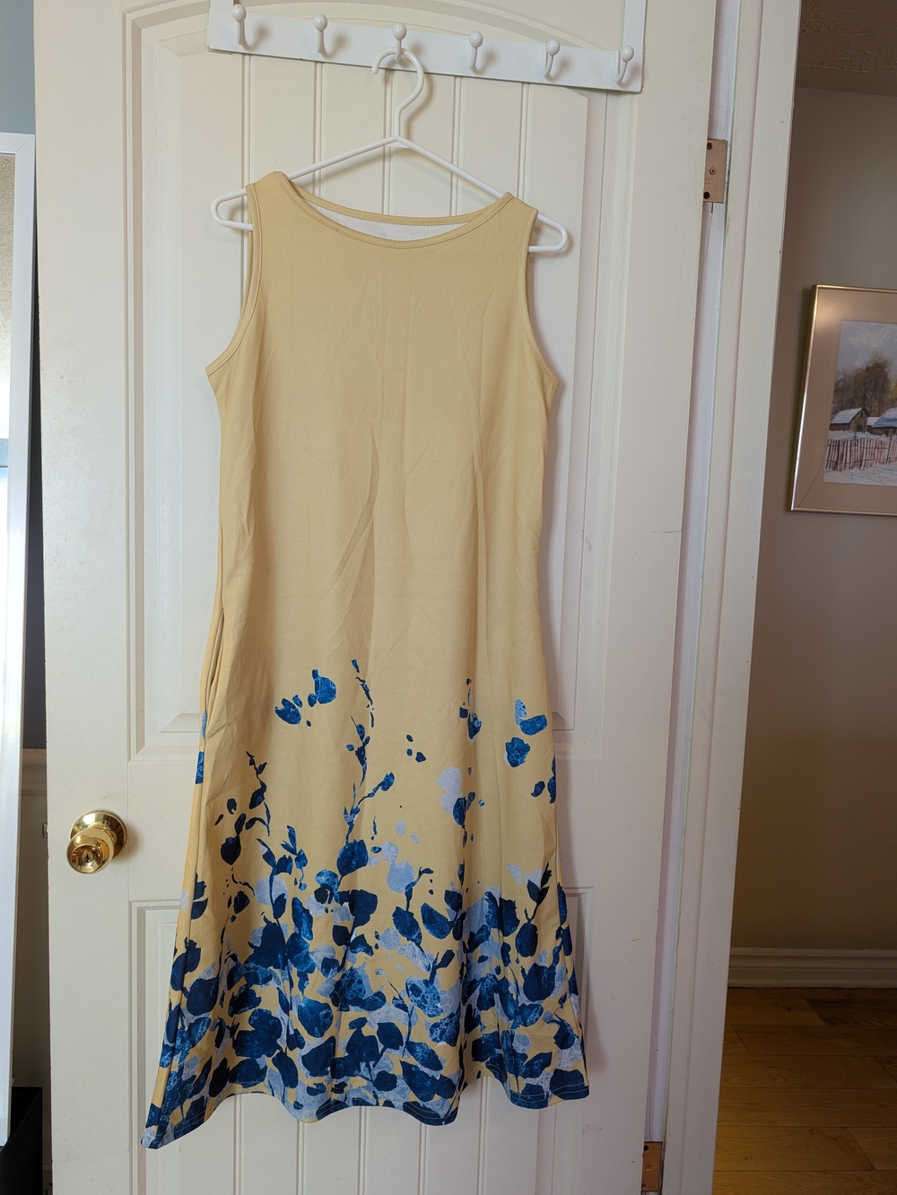 Sleeveless Yellow Maxi Dress with Blue Floral Hem